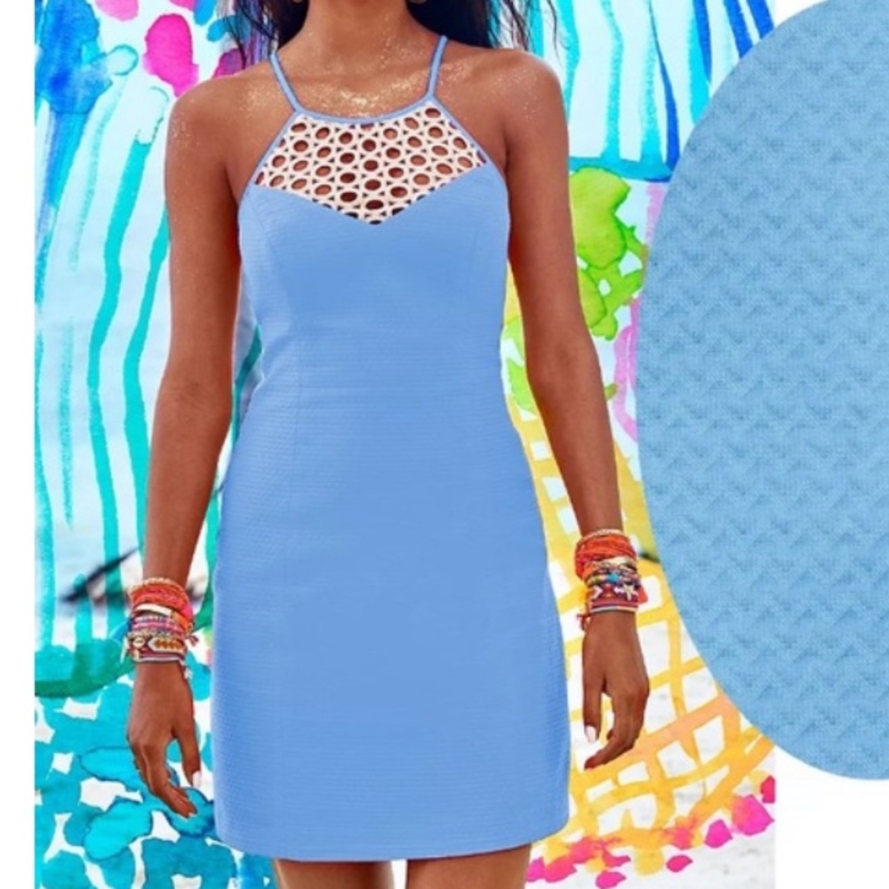 Lilly Pulitzer Blue & Gold Textured Dress EUC